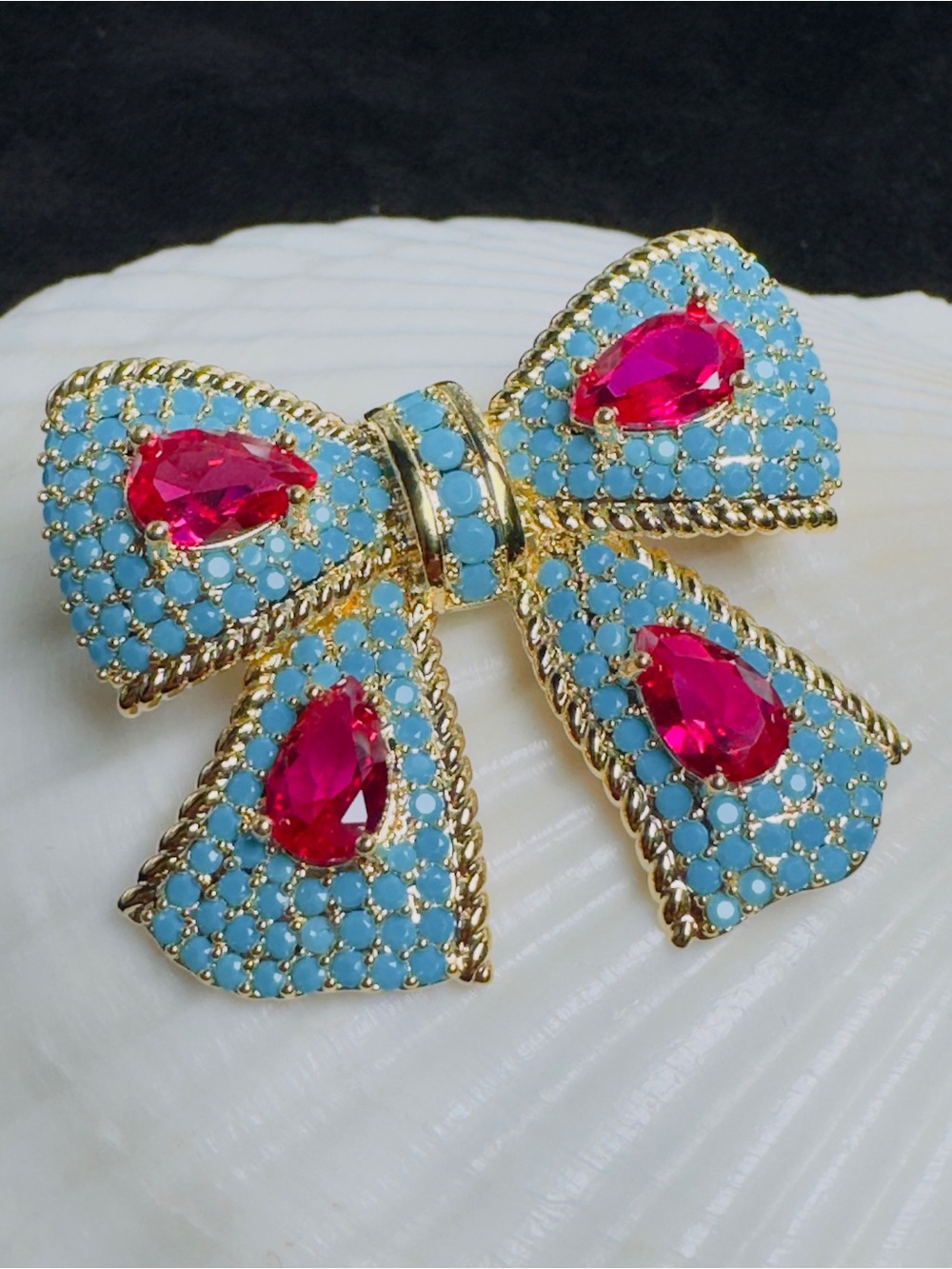 Turquoise Bow Statement Brooch Gold Plated Pavé Pin